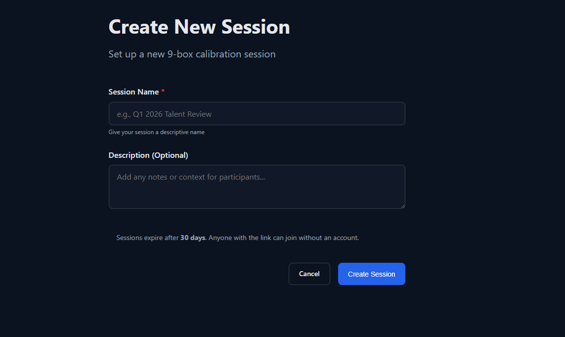 Session creation form with name and description fields