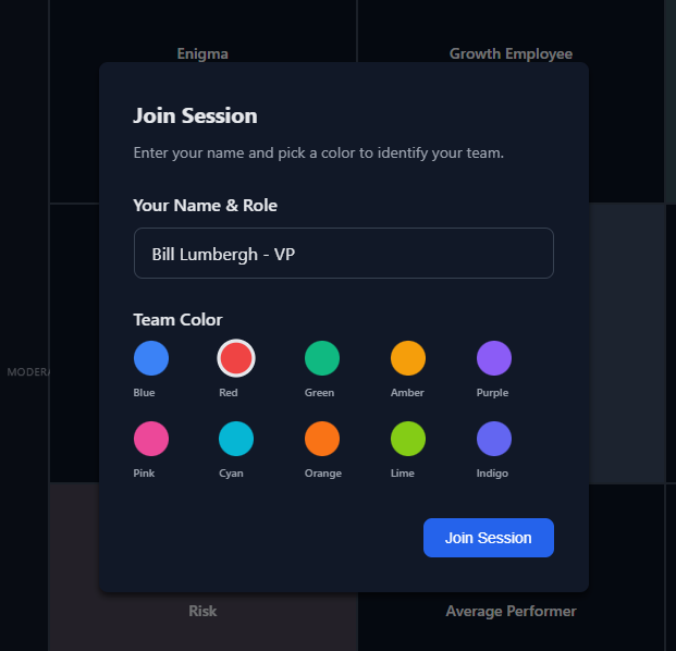 Join modal with display name input and color selection